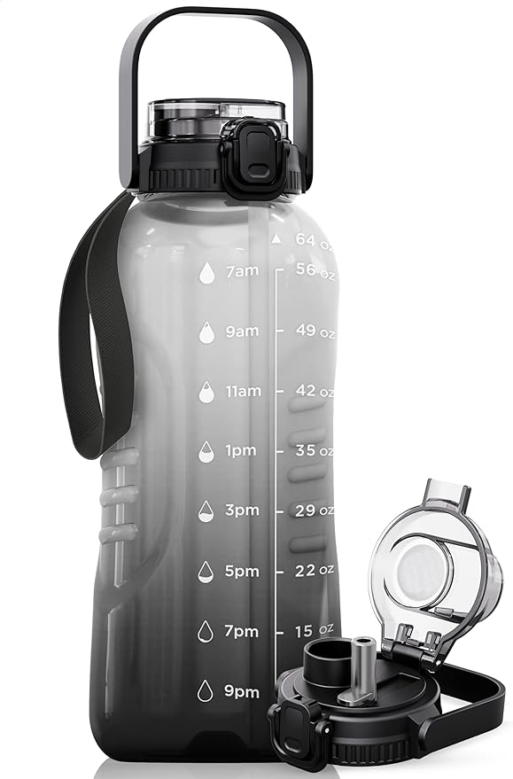 AQUAFIT 64 oz Water Bottle with Handle, 2in1 Lid | BPA Free Half Gallon Water Bottle with 2in1 Straw and Chug Lid - Leakproof Gym Water Bottle with Time Marker (Midnight Gray)