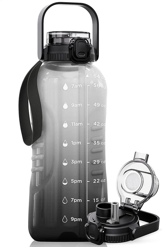 AQUAFIT 64 oz Water Bottle with Handle, 2in1 Lid | BPA Free Half Gallon Water Bottle with 2in1 Straw and Chug Lid - Leakproof Gym Water Bottle with Time Marker (Midnight Gray)