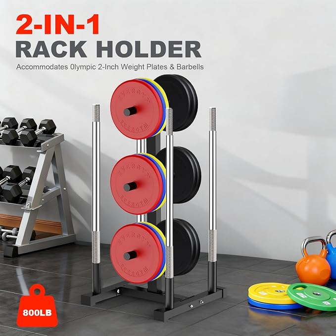 FAHKNS 660LB Capacity Weight Plate Rack, Wide Reinforced Base Olympic Weight Rack, Heavy Duty Weight Tree Weight Plate Holder, Space Saving Weight Rack for Plates with Vertical Barbell Storage for Home Gym