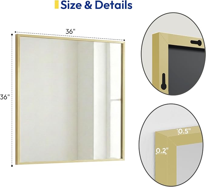 36" x 36" Large Gold Wall Mirror, Oversized Square Accent Mirror, Luxury Metal Framed Decor for Living Room & Bathroom Vanity