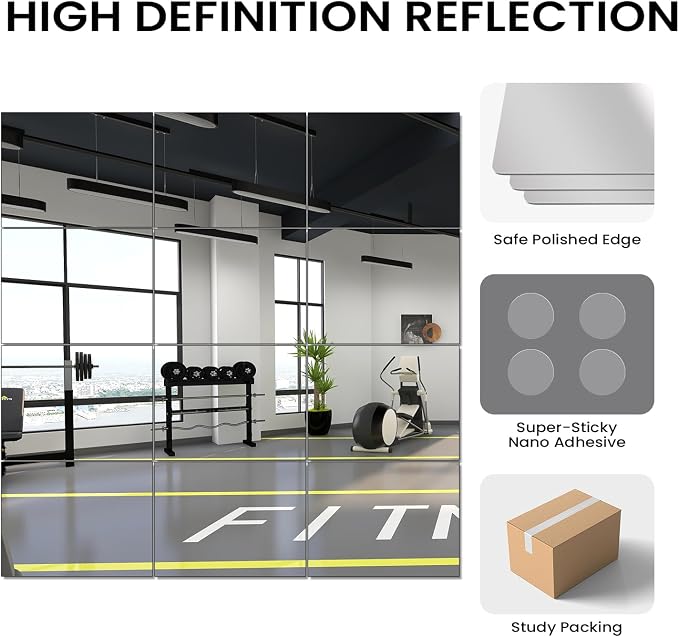 VASUHOME Large Mirror Tiles 16"x12" (12 Pack), Full Length Wall Mirrors for Home Gym, Garage, Bedroom, Living Room, Door – HD Reflection, Easy DIY Installation