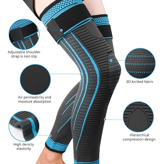Full Leg Compression Sleeves 2 Pack anti Sliping Ventilation Long Knee Support with Wraps for Men and Women Long Knee Compression Sleeve for ACJ, PCL, Meniscus Tear, Arthritis (XXL, Blue)