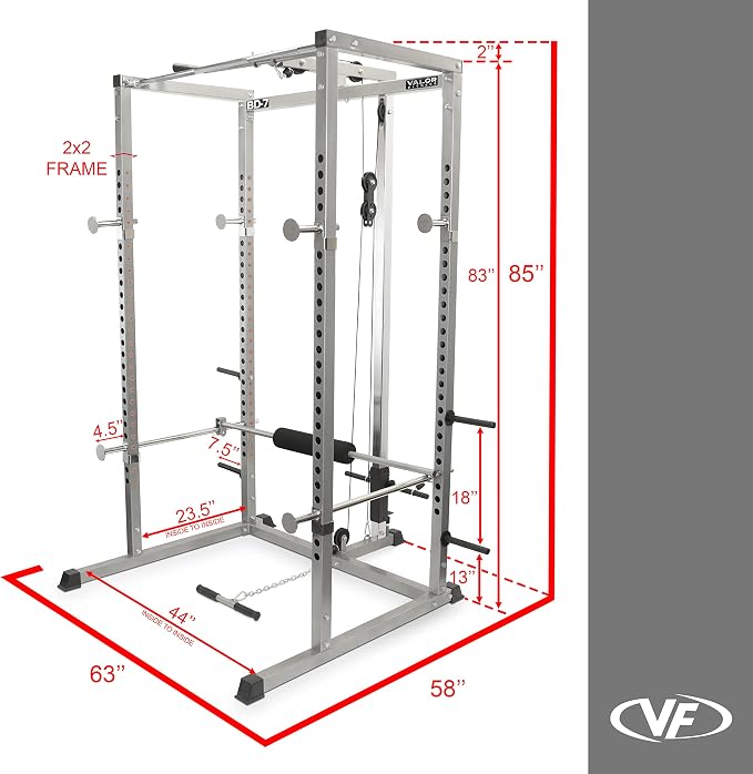Valor Fitness Power Rack - Squat Rack and Bench Press Power Cage with LAT Pulldown Attachment 2" x 2" Frame - Workout Rack Bundle Options for Complete Weightlifting Home Gym