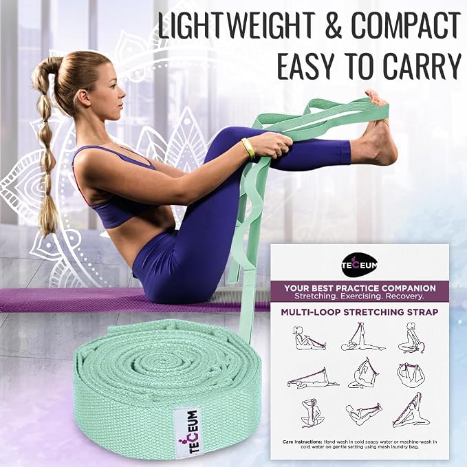 TECEUM Stretching Strap with 10 Loops for Physical Therapy & Rehab | Non-Elastic Yoga Stretch Band for Hamstring, Leg, Hip & Knee Rehab, Pilates, Flexibility & Mobility Exercises for Men & Women