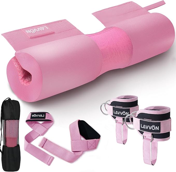 Barbell Squat Pad Set- Nylon Padding AntiSlip- Thick Foam Hip Thrusts Pads | Bench Press/Lunges/Bar Squats Padding Cushion -Standard Olympic Weight Bar Pad(Wrist Straps Weightlifting-Ankle Straps)