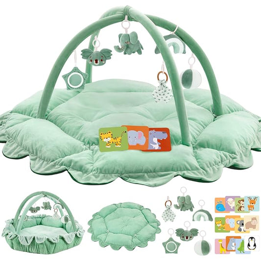 5-in-1 Plush Baby Play Gym, Activity Mat with Convertible Gym, Baby Gym 6 Sensory Toys, Play Center for Newborn to Toddler, Light Green