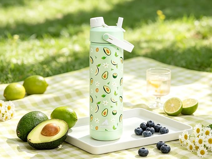 POWCAN 26 oz Insulated Water Bottle: 2-in-1 Straw and Spout Lid, Leak-proof | Keep Cold 24H, Cupholder Friendly, BPA-Free, Stainless Steel Water Bottle for Gift, Trip, Picnic, Camping (Avocado Grove)