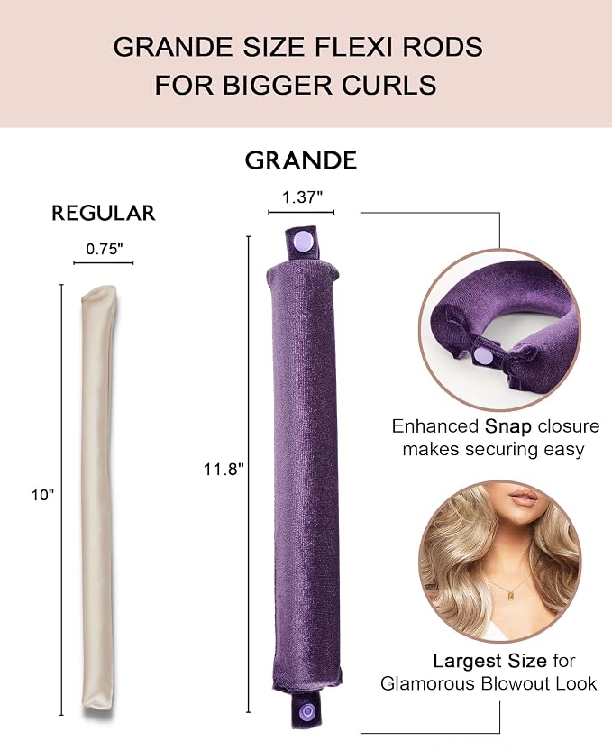Grande Heatless Curls Overnight Rods - Upgraded Directional Grip Velvet - No Heat Hair Curlers to Sleep, Jumbo Large Hair Rollers Flexible Curling Rods Set for Long Thicker Coarser Hair Blowout Look