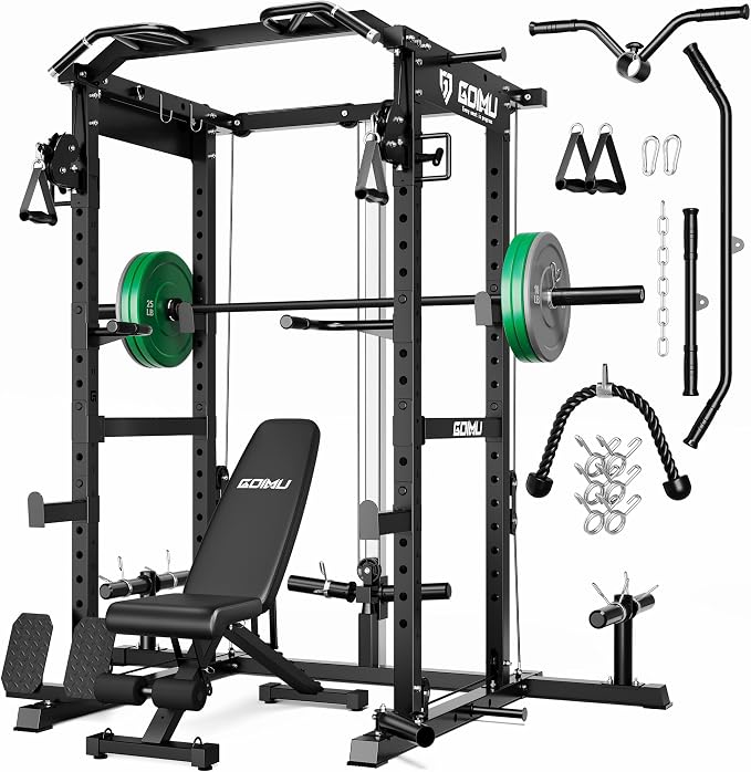 RH01 Power Cage Rack, 2000LBS Squat Rack with with Cable Crossover System&LAT Pull Down System, Multi-Function Workout Cage for Home&Garage Gym