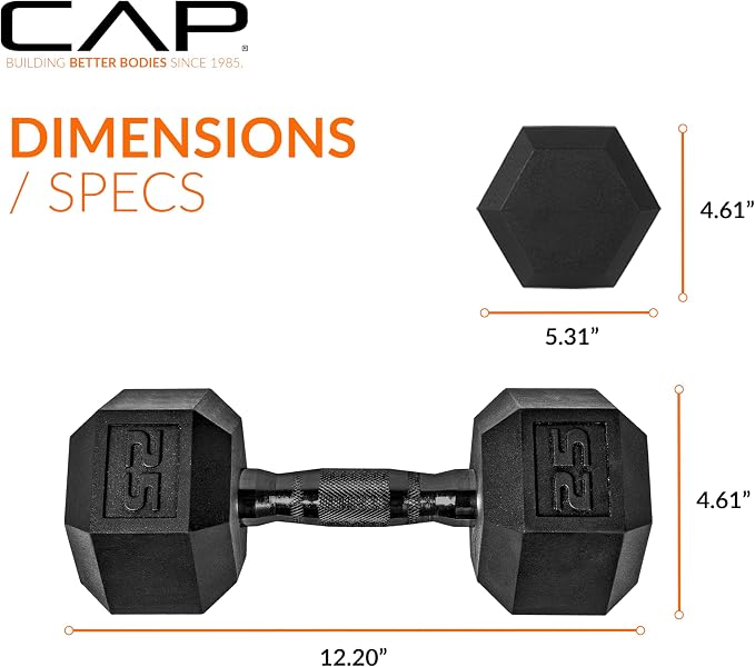 CAP Rubber Coated Dumbbell Weights, Free Weights for Home Gym Strength Training, Anti-Roll Hex Dumbbells with Black, Chrome & Comfort Grip Handles, Pairs & Sets