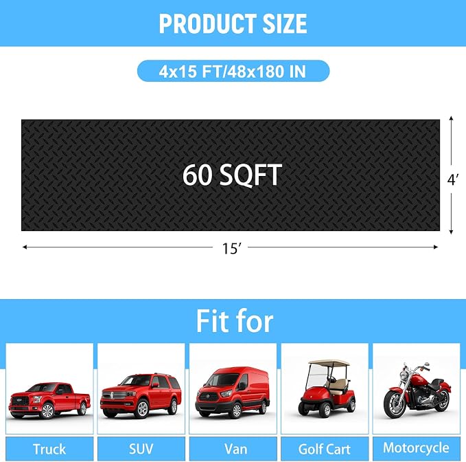 4x15 FT Garage Floor Mat, 2.8mm Thickened Diamond Plate | PVC Flooring Roll for Under Car/Golf Cart/Motorcycle, Garage Mat for Warehouse/Basement/Gyms/Trailer, Tapes Included, Black