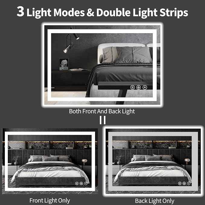 Koonmi 60x28 LED Bathroom Mirror with Light, Anti-Fog, 3 Colors | Backlit + Front Lit, Dimmable Brightness, Shatterproof HD Distortion-Free Tempered Glass, Hardware Included