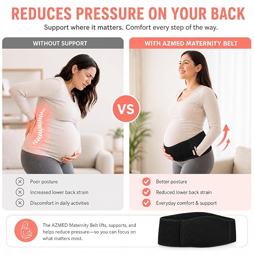 AZMED Maternity Belt Back Support - Adjustable Abdominal Binder for Pregnancy - Belly Band for Pelvic, Waist & Lower Back Comfort - Fits Up to 46 Inches - Black