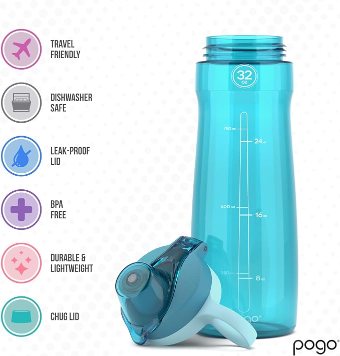 Pogo BPA-Free Plastic Water Bottle with Chug Lid, Blue Atoll, 32 oz.