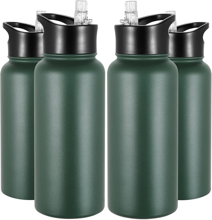 32 oz Insulated Water Bottle Bulk 4 Pack, Stainless Steel Sports Water Bottles with Straw Lid & Wide Mouth Lids, Double Walled Vacuum, Leak Proof, Dark Green