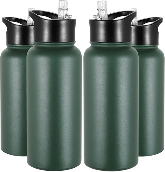 32 oz Insulated Water Bottle Bulk 4 Pack, Stainless Steel Sports Water Bottles with Straw Lid & Wide Mouth Lids, Double Walled Vacuum, Leak Proof, Dark Green