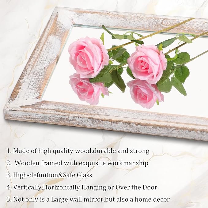 AAZZKANG Wall Mirror Full Length Rustic Wood Framed Large 47"x16" | Rectangular Full Body Mirrors Decorative for Bedroom Living Room Bathroom Entryway White