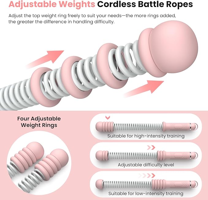 2 Pcs Weighted Cordless Battle Ropes, Portable Ropeless Exercise Rope with Non-Slip Handle, Low-Noise Adjustable Resistance for Home Gym, HIIT & Low-Impact Cardio Strength Training (Pink)