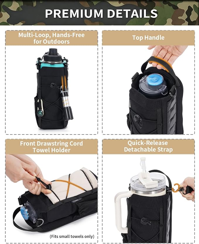 sportsnew 40oz Insulated Crossbody Water Bottle Bag Gym Hiking Phone Pocket | Water-resistant Lining, Padded Strap, Top Handle, Drawstring, Phone Pocket, Elastic Slots, Built-In Key Clip for Gym Walking