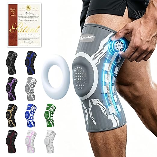 Kuangmi Knob Knee Brace for Pain Relief, Knee Support with Patella Gel Pad & Side Stabilizers, Compression Knee Sleeve for Workout, Arthritis, Joint Pain, Meniscus Tear (Gray White,Left,Large,Single)
