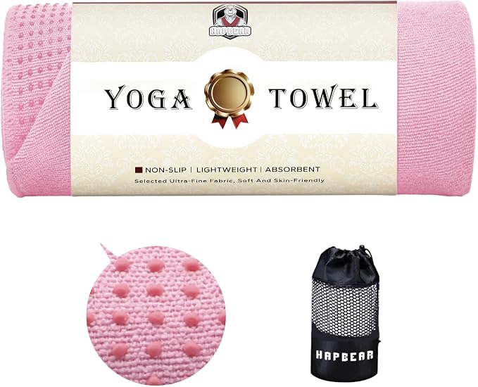 HAPBEAR Non Slip Yoga Mat Towel with Grip Dots, 72" x 24" Hot Yoga Towel - Super Absorbent Microfiber Yoga Towel for Hot Yoga, Bikram, Pilates and Gym Workout - Pink