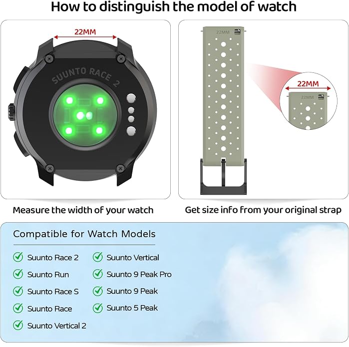 Watch Band for Suunto Race 2/Vertical 2/Run/S/9 Peak/Pro/5 Peak | Soft Silicone 22mm Replacement Bands for Vertical/Race/9 Peak Pro