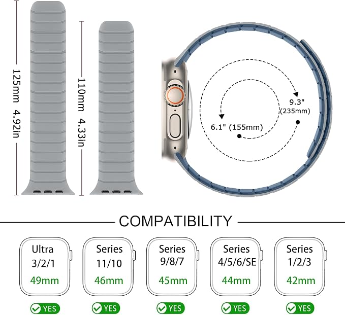 Tasikar Magnetic Bands Compatible with Apple Watch 49mm 46mm 45mm 44mm 42mm Soft Silicone Replacement Loop Wristband for iWatch Ultra 3 2 1 SE Series 11 10 9 8 7 6 5 4 3, Misty Grey-Blue