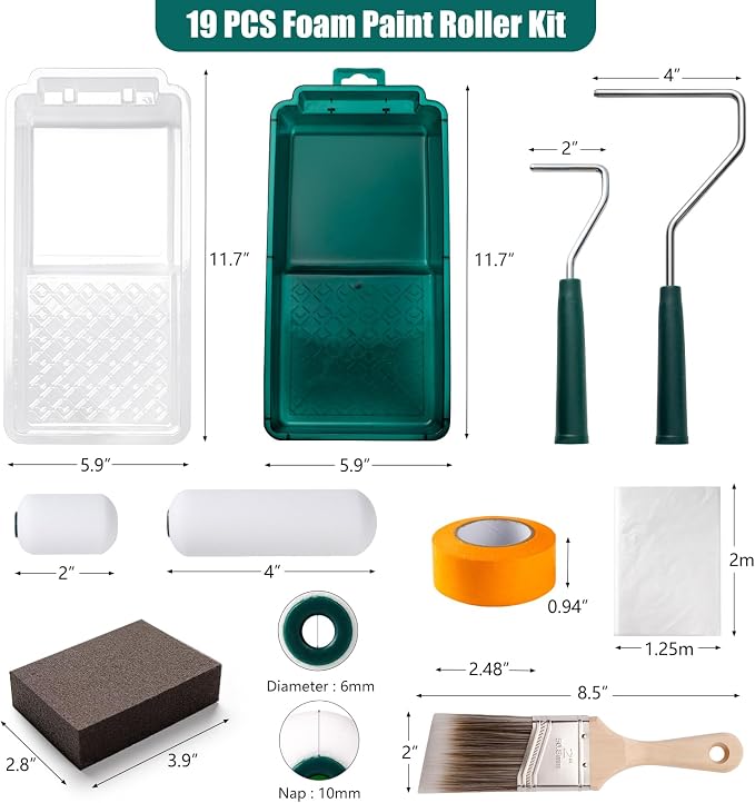 Paint Roller Kit, 19 Pack, 4"2" Small Foam Roller, Paint Brush | Mini Roller Covers with Frame, Paint Tray with 4 Liners, Paint Supplies for Painting Walls, Trim and Ceilings, Easy to Clean