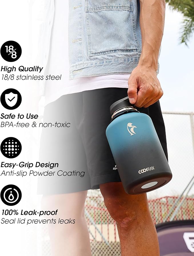 Coolflask Half Gallon Water Bottle Insulated Stainless Steel with Strap | 64 oz Large Water Jug with Straw & Spout Lids,Triple-Wall, Cold 48+h,Dishwasher Safe, Leakproof, BPA-Free,for Gym & Hiking