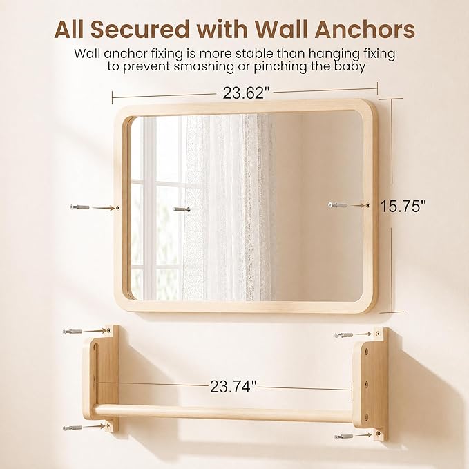 Woodtoe 3-in-1 Montessori Mirror with Bar, Adjustable Tummy Time Mirror 6M+ | Toddler Mirror & Pull Up Bar, Montessori Learning Toy for Baby 6-18 Months, Nursery Mirrors, Natural Wood Kids Furniture