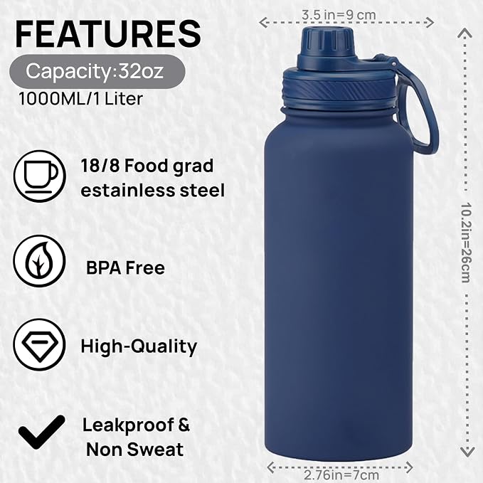 32 oz Insulated Metal Mens Water Bottle | Navy,Stainless Steel, 1 Liter, Leakproof, 2 Lids, Large Sports Water Bottle for Gym,Hiking