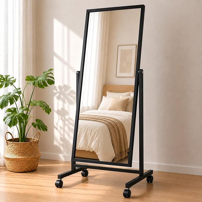 Swivel Adjustable Full Length Mirror on Wheels, 65"x22" Mobile Wood Frame Cheval Bedroom Free Standing Floor Mirror with Stand, Tiltable, Easy to Move (Black-65 x22)