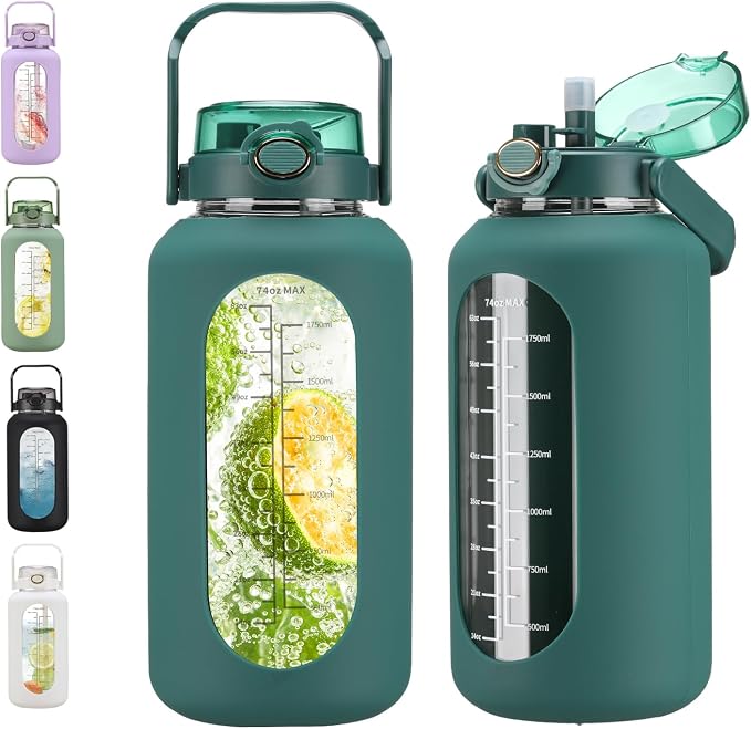 chunmo 74 oz Glass Water Bolttles with Straw Large Motivational Water Bottle with Time Marker Sports Water Bottles with Silicone Sleeve and Handle Lid 2.2L Water Jug for Gym Workout