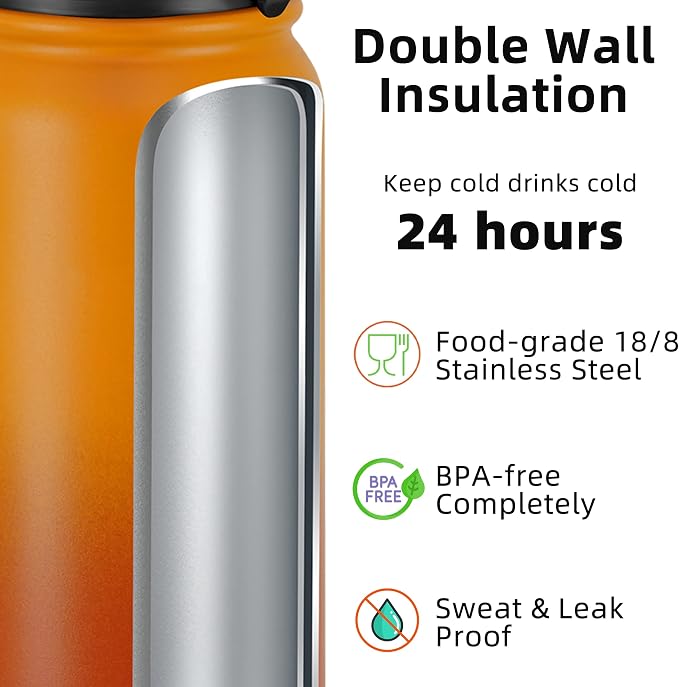 Fanhaw 20 oz Insulated Stainless Steel Water Bottle with Anti-Dust Chug Lid, Leakproof Vacuum Metal Everyday Use Bottle for Kids, Teens & Adults, Back to School Essentials (Yellow Orange)
