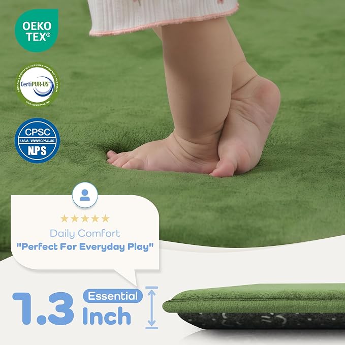 1.3" Thick Foam Play Mat 50x50 Baby Floor Playmat Nursery Rug Olive | Memory Mat for Baby to Play Waterproof Easy Care with Non-Slip Tummy Time Play Mat for Playroom Classroom