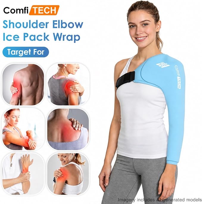 ComfiTECH Shoulder Arm Ice Pack Wrap for Pitcher & Recovery, Blue, M | Flexible Gel Ice Pack for Shoulder & Elbow & Arm Cooling, Adjustable Arm Cold Sleeve for Throwing Recovery & Muscle Comfort