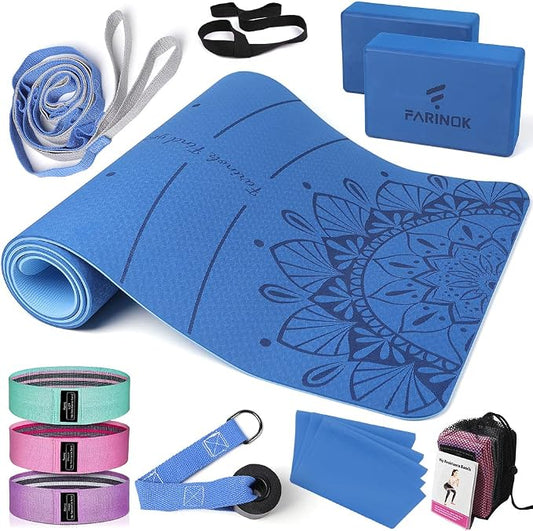 1/3 Yoga Mat Thick, Yoga Set for Beginners Include High Density Mat with Multi-loops Strap, Blocks, Booty Resistance Band Set, Door Anchor, Carring Bag & Strap