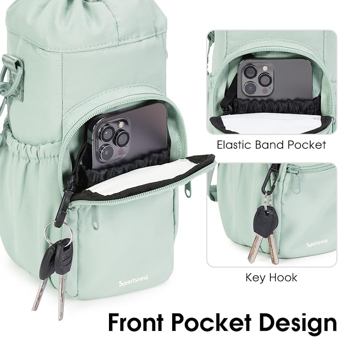sportsnew 40oz Insulated Crossbody Water Bottle Bag Gym Hiking Phone Pocket | Water-resistant Lining, Padded Strap, Top Handle, Drawstring, Phone Pocket, Elastic Slots, Built-In Key Clip for Gym Walking