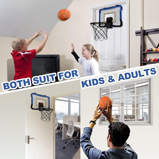 QDRAGON Mini Basketball Hoop with Scoreboard & LED Lighting | Over The Door Indoor, with 3 Balls/Inflator/Breakaway Rim, Basketball Toy Gifts for Kids Adults, Suit for Bedroom/Office