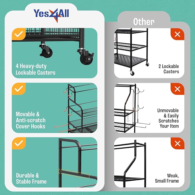 Yes4All Dumbbell Rack, Weight Rack for Home Gym, Sports Equipment Organizer for Dumbbells Kettlebells Yoga Mat Foam Roller and Balls, All in One Gym Workout Storage with Wheels and Hooks, Black