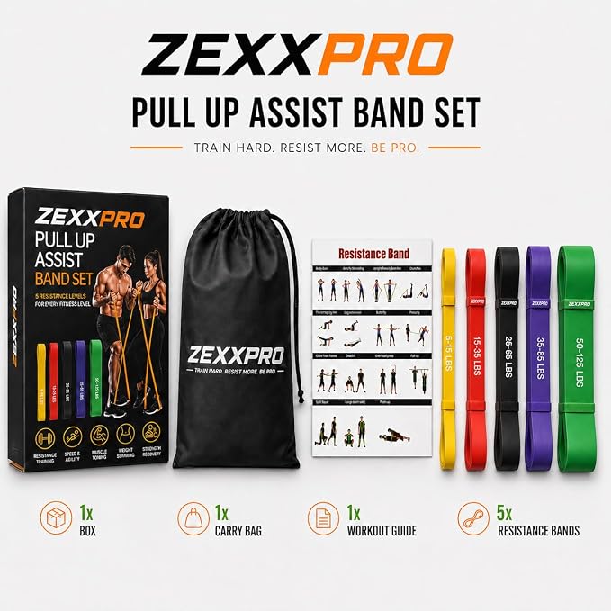 Resistance Bands Set, Pull Up Assistance Bands, Natural Latex Pull Up Bands for Strength Training, Exercise, Stretching, Home Gym, Physical Therapy, Workout Equipment, 5 Pack