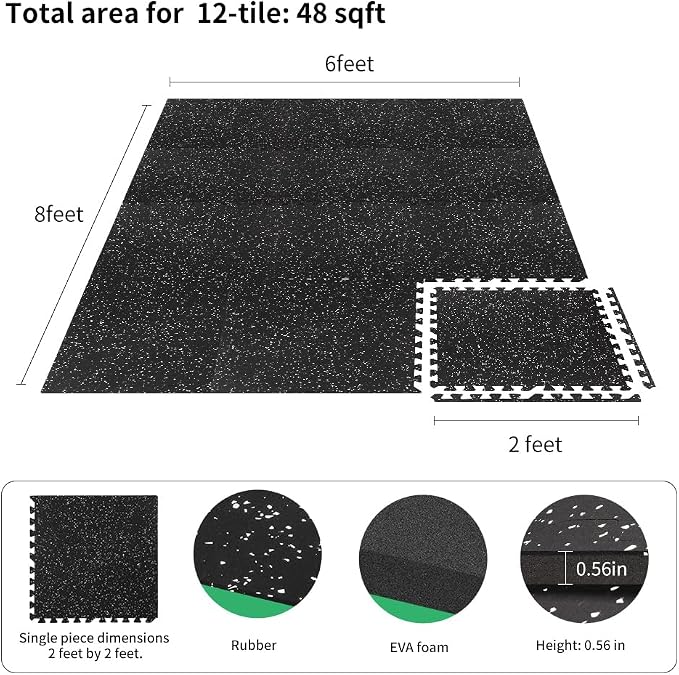 0.56in Thick 48 Sq Ft Gym Flooring for Home Gym, 12 Tiles Workout Exercise Equipment Mats, Rubber Top with EVA Foam, Interlocking Puzzle Floor Tiles for Fitness Room, Protective Flooring Mat