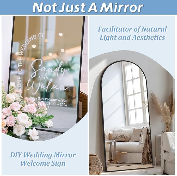 76"x34" Large Arched Floor Mirror Full Length with Stand, Black | Vertically Wall‑Mountable, Freestanding or Wall‑Leaning, for Bedroom Living Room Gym, Tempered Glass, Aluminum Alloy Frame