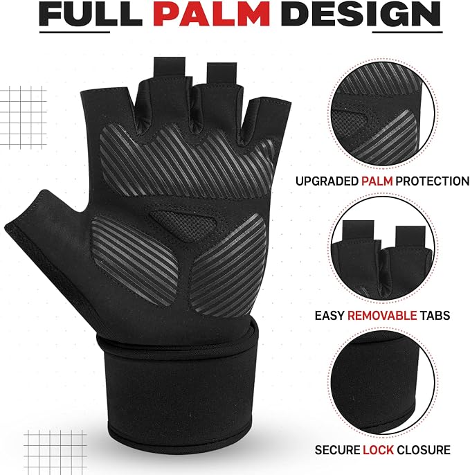 Padded Workout Gloves for Men, Long Wrist Straps Stabilize Adult Grip Weight Lifting Gloves with Powerlifting Support Gym, Exercise and Extra Pull ups Sturdy Palm