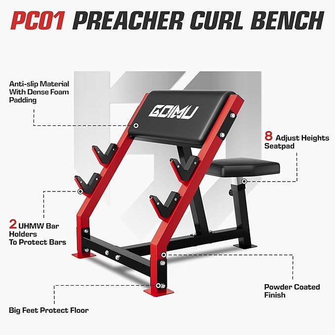 PC01 Preacher Curl Bench, Seated Arm Isolated Barbell Dumbbell Bicep Station, Adjustable Bicep Curl Machine with 2 Bar Holders for Home Gym