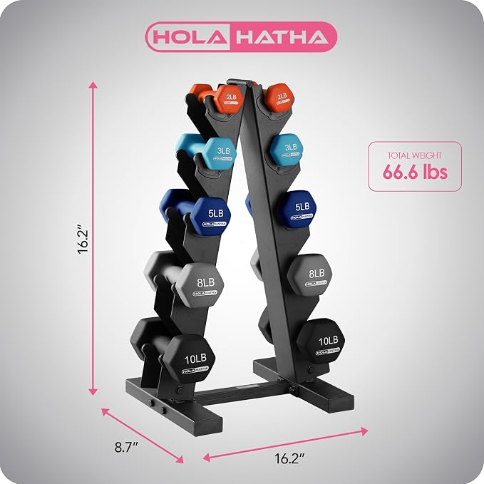HolaHatha 1, 2 and 3 lb Neoprene Dumbbell Strength Training Weight Set with Rack
