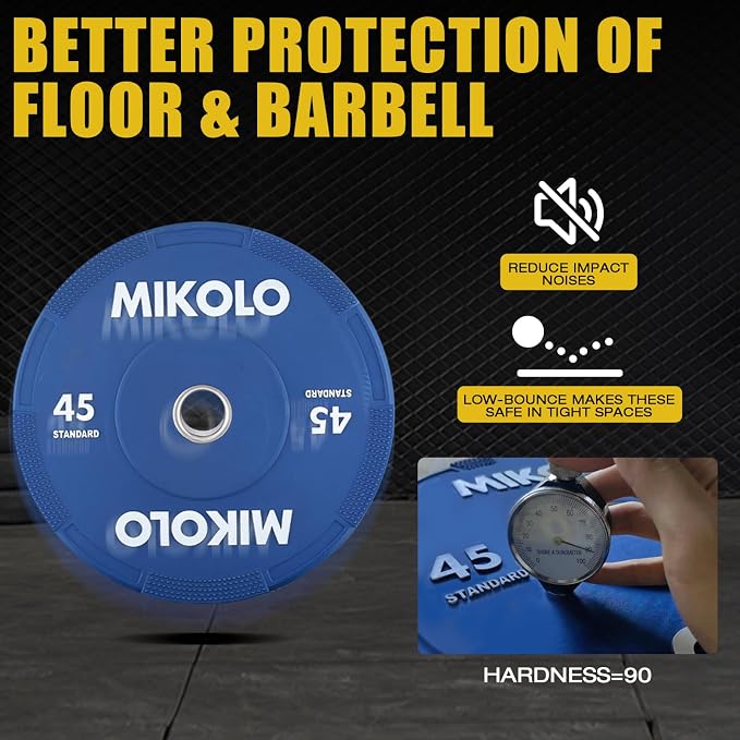 Mikolo Olympic Bumper Plates Set, 100% High-Density Low-Bounce Rubber Weight Plates with Steel Inserts, IWF Color-Coded Quiet Barbell Plates for Deadlifts, Squats & Home Gym Strength Training (Weights: 45 * 2-230LB)