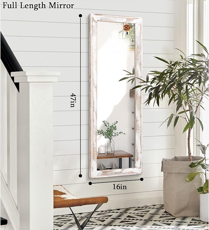 AAZZKANG Wall Mirror Full Length Rustic Wood Framed Large 47"x16" | Rectangular Full Body Mirrors Decorative for Bedroom Living Room Bathroom Entryway White