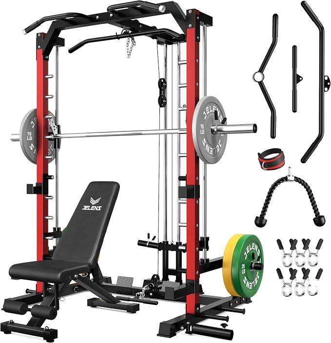 SR01 Smith Machine, 2000LBS Multi-Function Power Cage with LAT Pulldown System, All-in-One Home Gym Squat Rack with Smith Bar and Training Attachments for Full Body Workouts