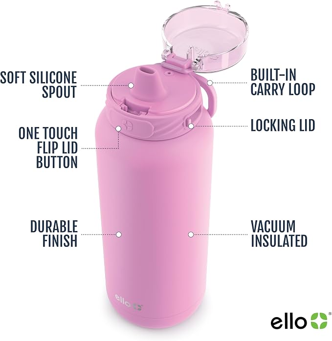 Ello Cooper 22oz Insulated Stainless Steel Water Bottle with Straw, Bubblegum